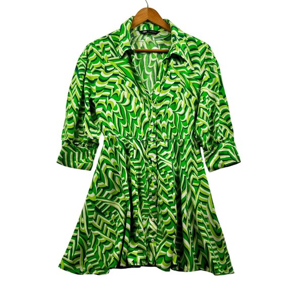 Zara Retro‎ Swirl Shirt Dress Green White Mod Print Mini Summer Dress Sz SMALL - Picture 2 of 7